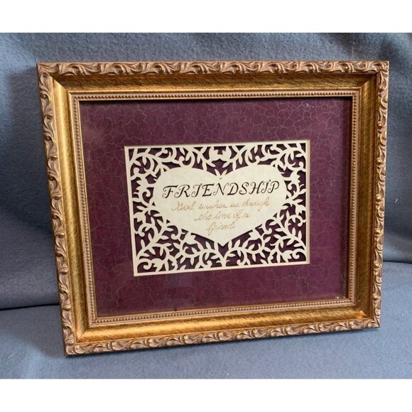 Vintage Friendship Framed Wall Art with Ornate Gold Frame Burgundy Background 12 - Picture 1 of 9